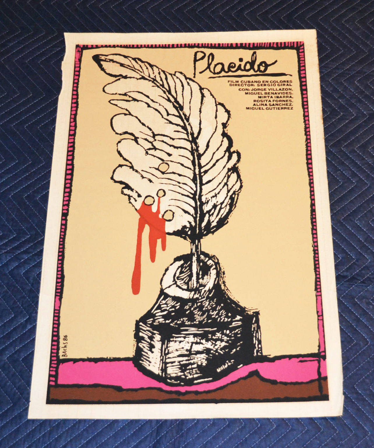 1986 Original Cuban Silkscreen Movie Poster.Placido.Cuba poet.Bloody inkwell art