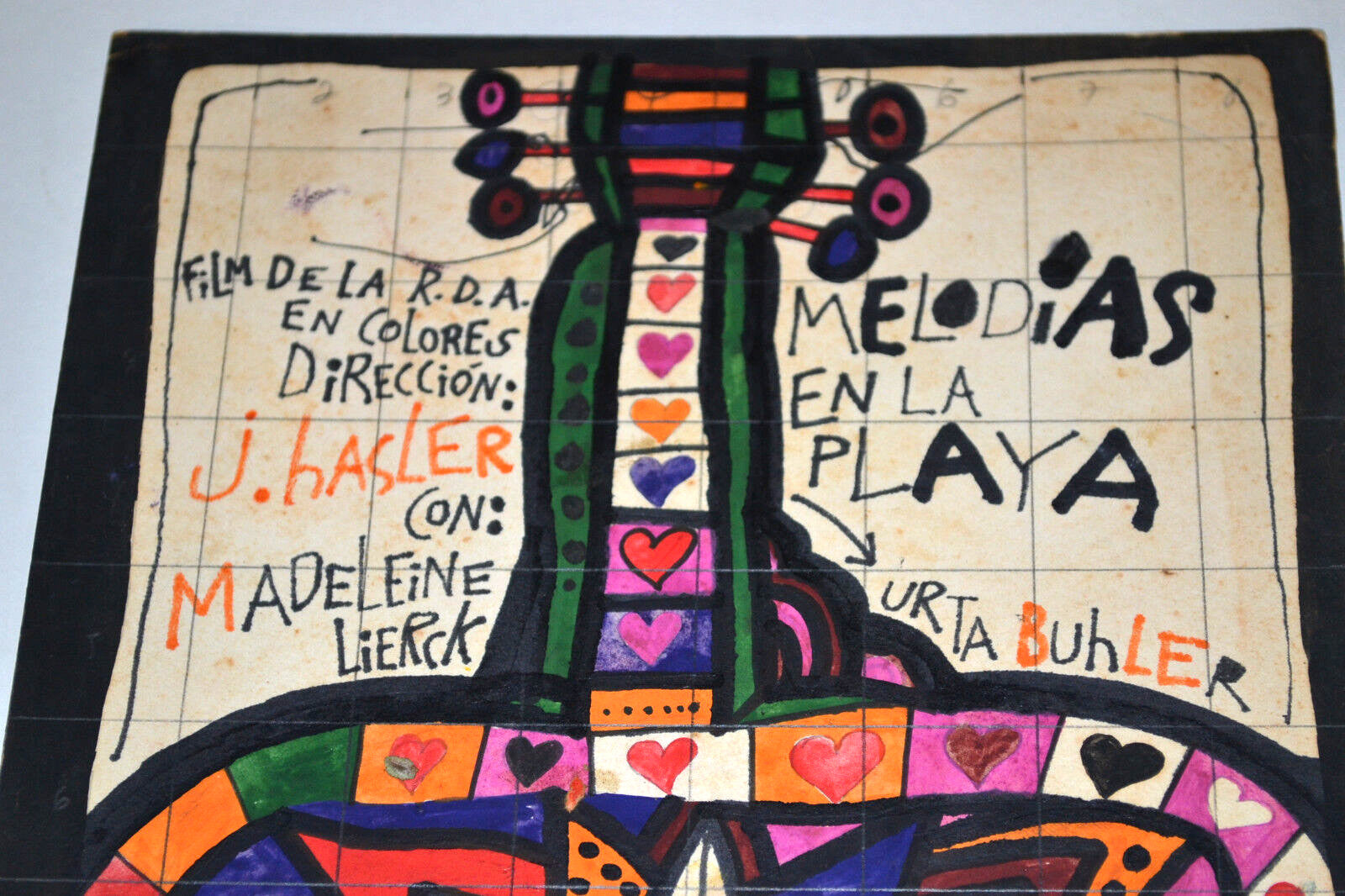 1968 Original Cuban Movie Painting MOCK UP.Guitar.Beach.Unique Art Piece.Music