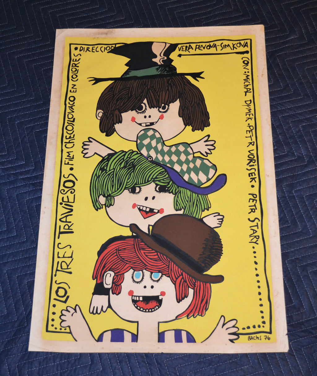 1976 Original Cuban Silkscreen Movie Poster.3 Naughty kids.Children.Funny art.