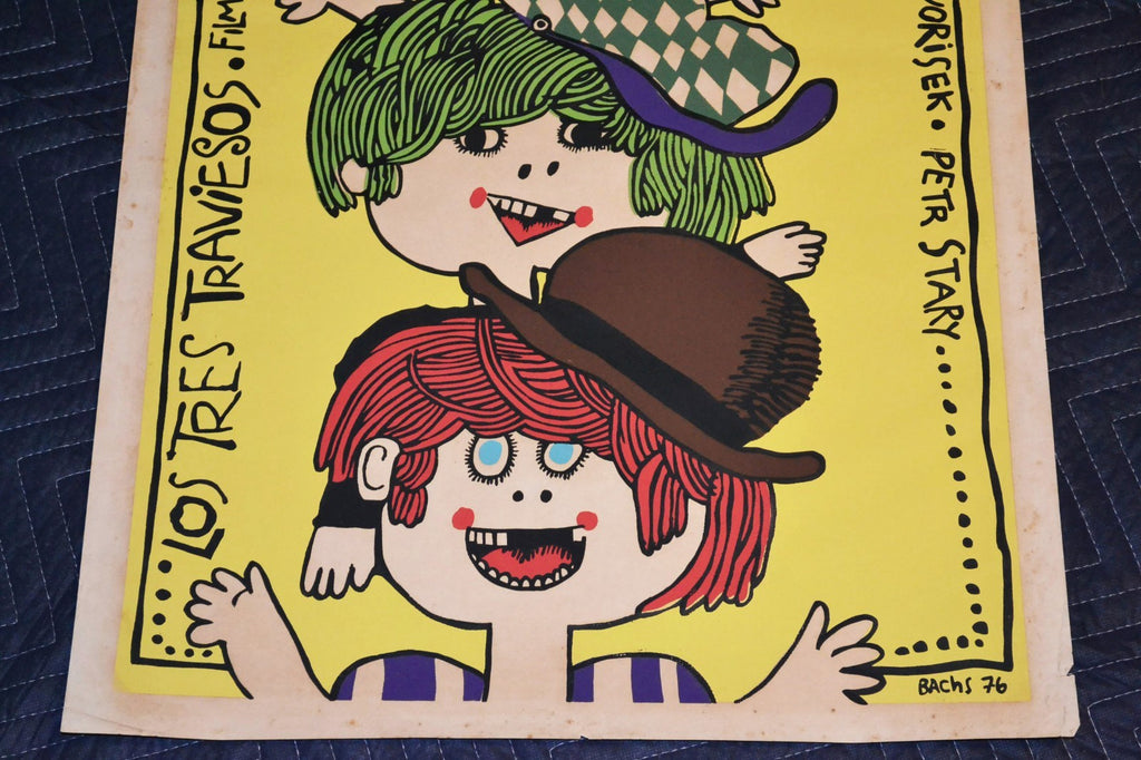 1976 Original Cuban Silkscreen Movie Poster.3 Naughty kids.Children.Funny art.