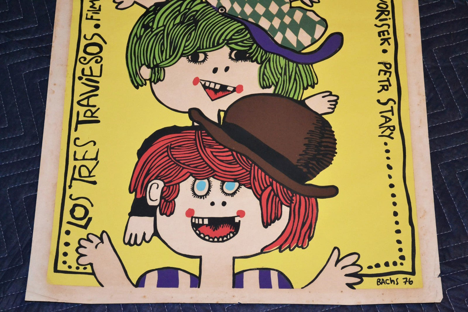 1976 Original Cuban Silkscreen Movie Poster.3 Naughty kids.Children.Funny art.