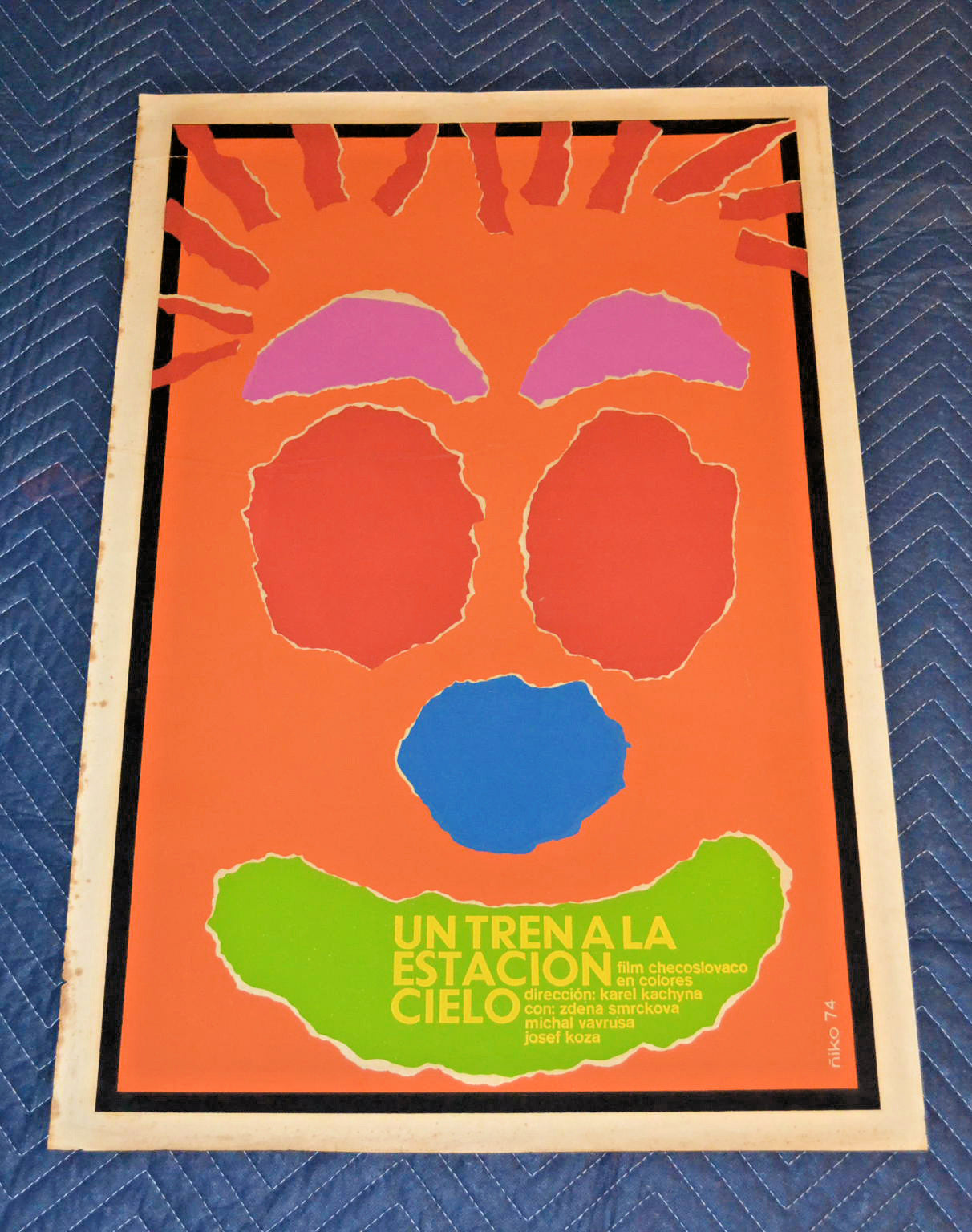 1974 Original Cuban Silkscreen Movie Poster.A train to the sky station.Clown art
