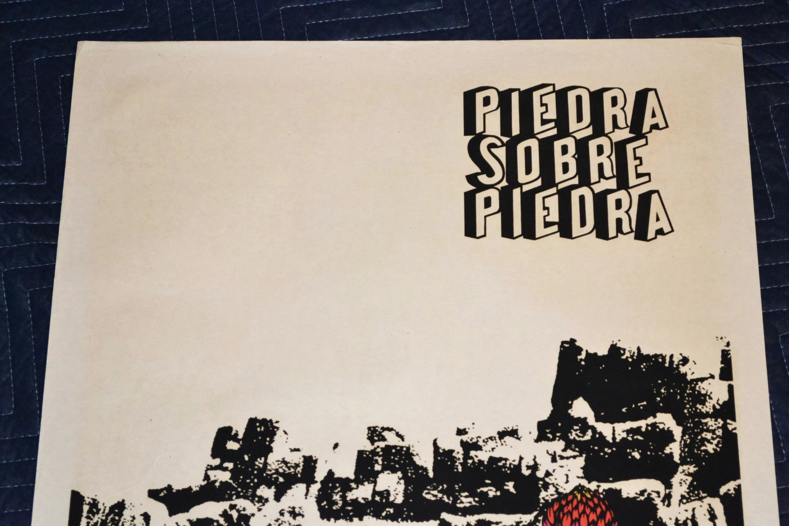 1973 Original Cuban Silkscreen Movie Poster.Stone over stone.Piedra.Cross.Flower