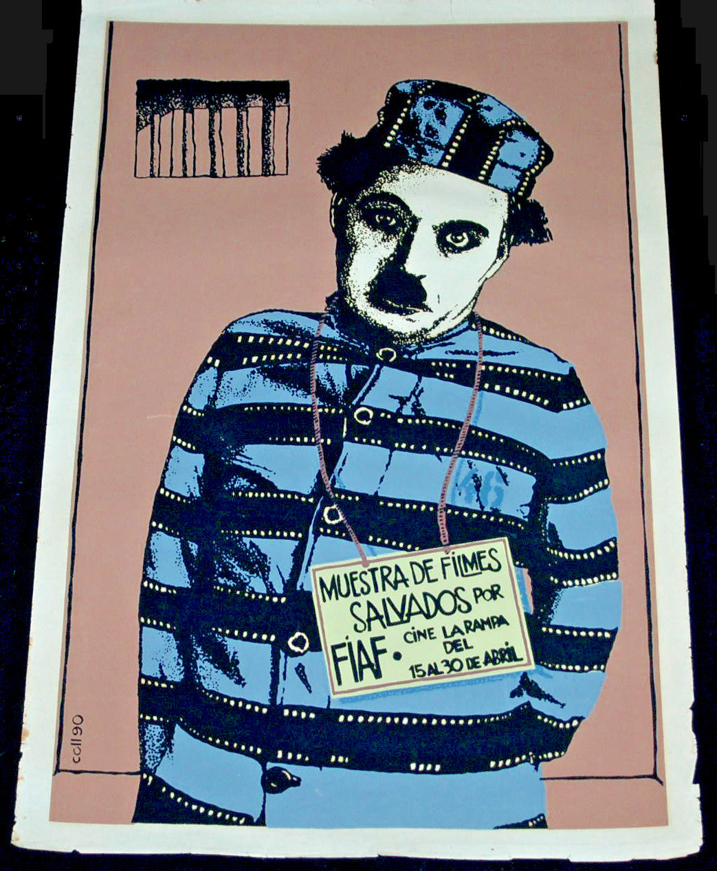 1990 Original Cuban Poster.Plakat.Affiche.FIAF.Charlie Claplin in Prison art