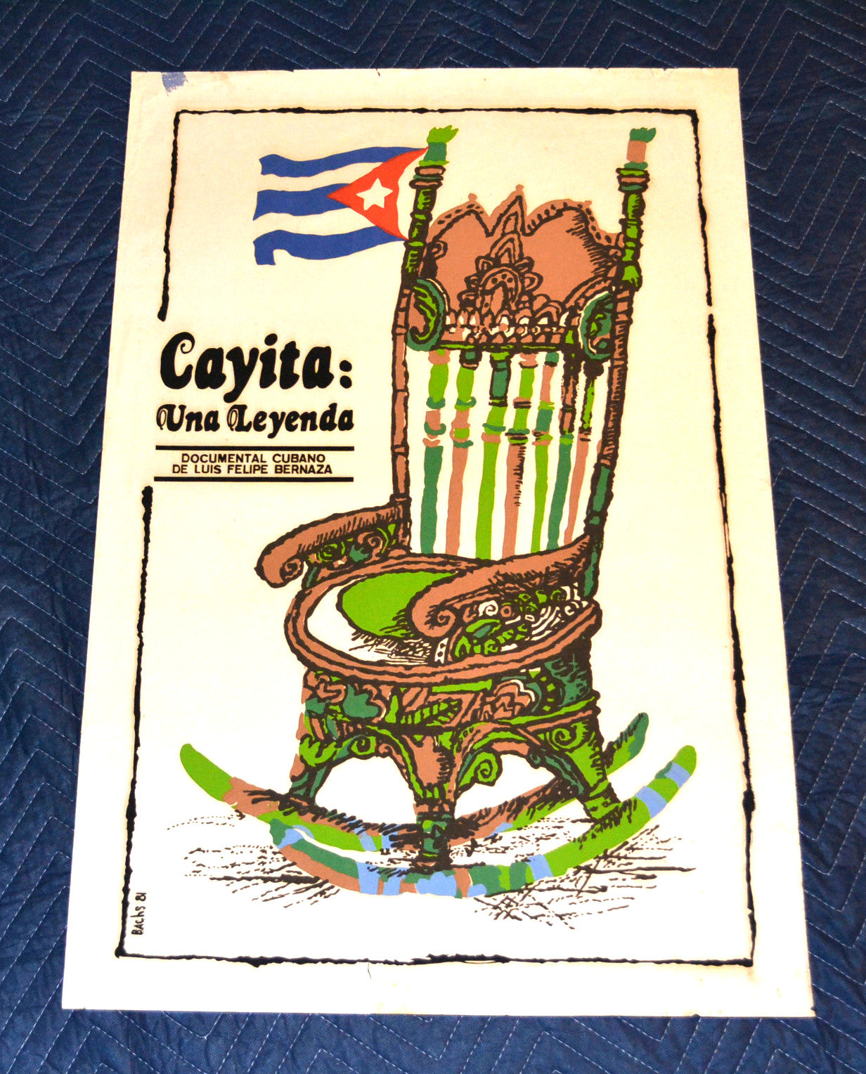 1981 Original Cuban Silkscreen Movie Poster.Cayita una leyenda.Cuba flag chair.