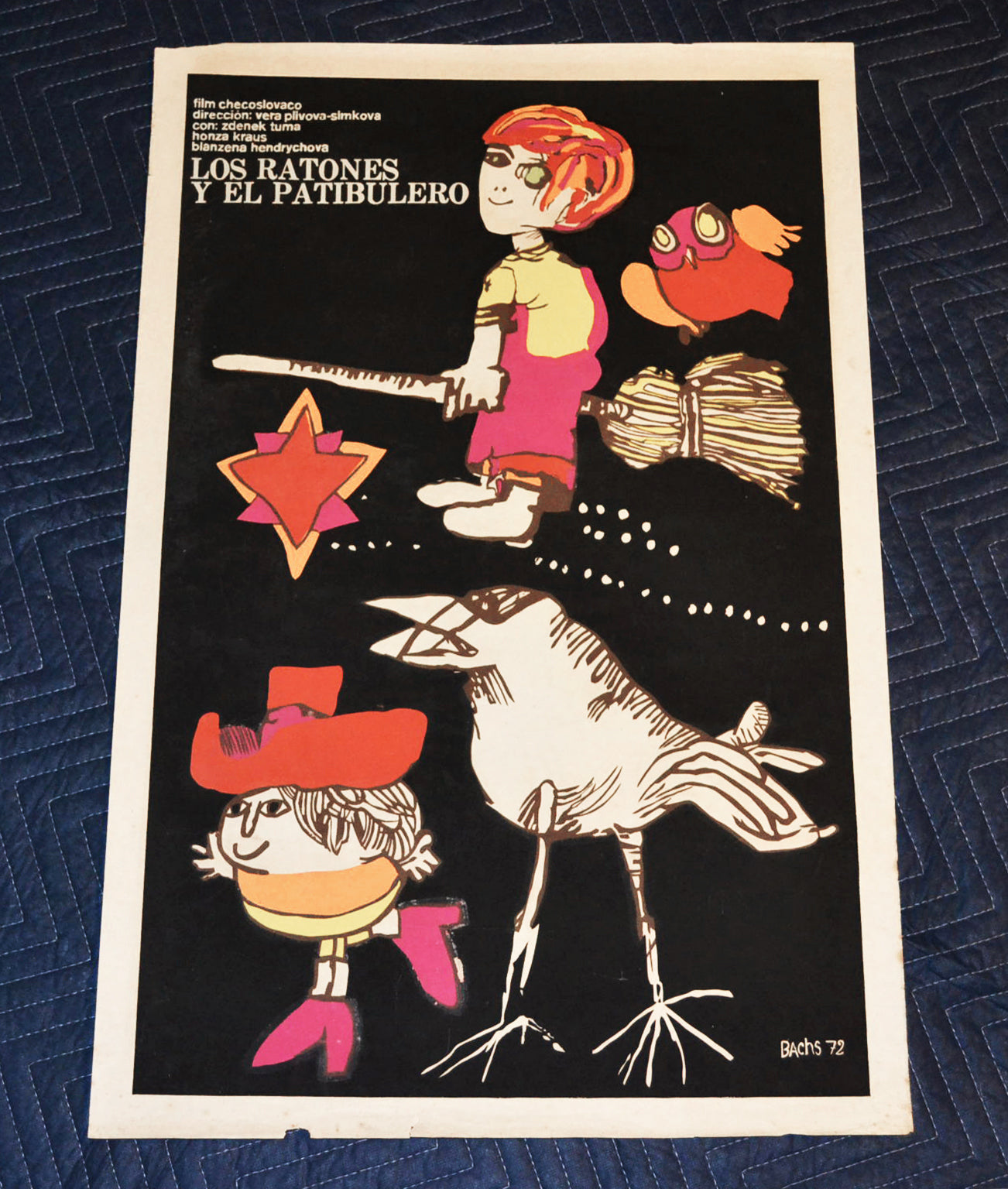 1972 Original Cuban Silkscreen Movie Poster.Mice birds boy flies broom.Children.