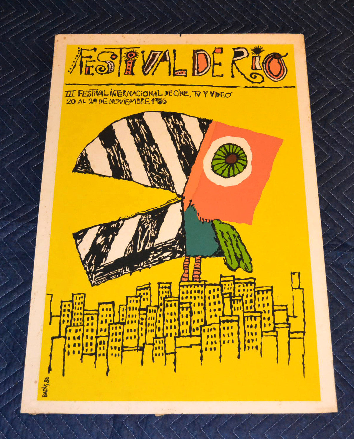 1986 Original Cuban Silkscreen Movie Poster.Rio Brazil Festival.Toucan Parrot