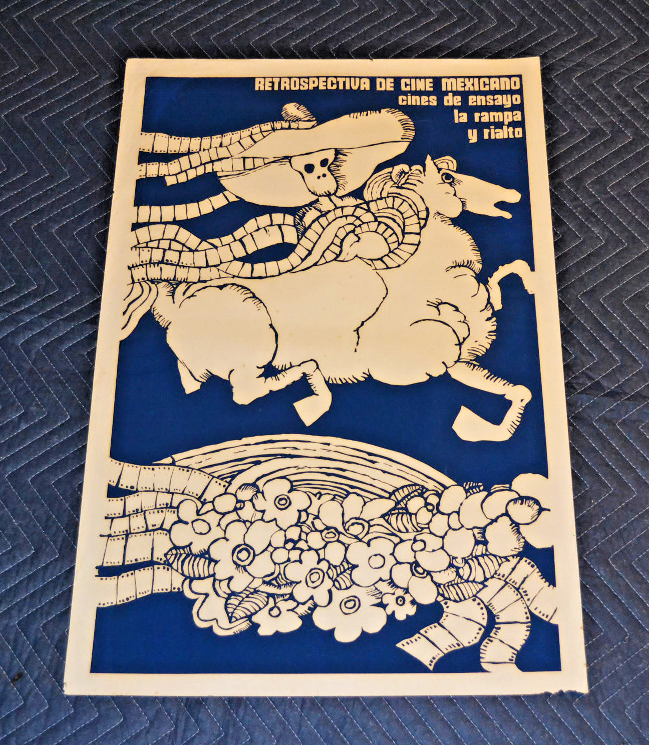 1975 Original Cuban Silkscreen Poster.Mexican Catrina skeleton on horse.Cinema.