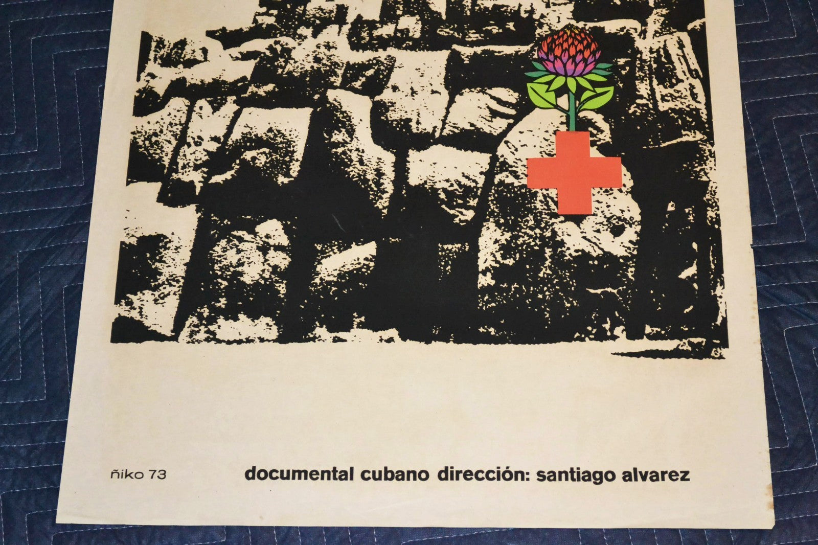 1973 Original Cuban Silkscreen Movie Poster.Stone over stone.Piedra.Cross.Flower
