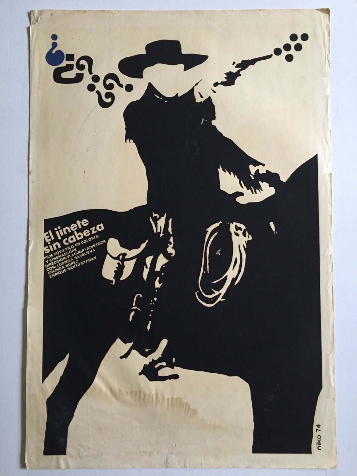1974 Original Cuban Silkscreen Movie Poster.Headless Horse rider.Russian film