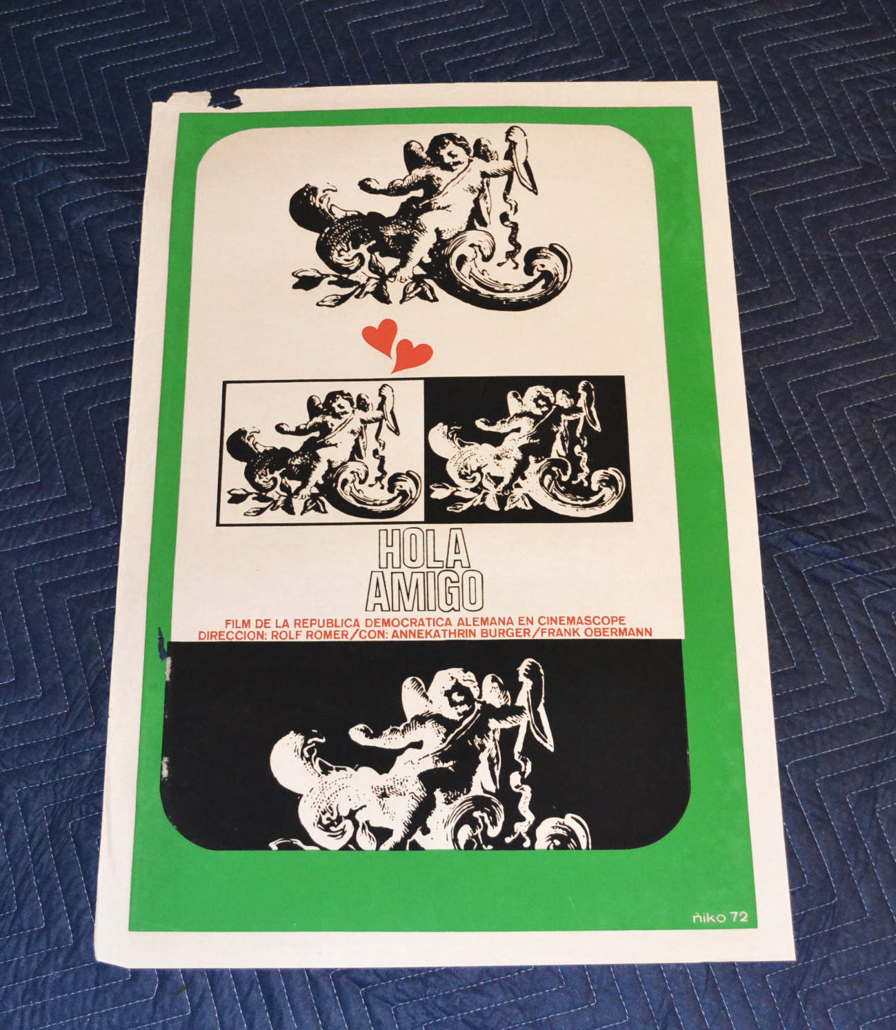 1972 Original Cuban Silkscreen Movie Poster.Hola amigo.Hello friend.Angel art.
